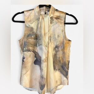 Tahari Sleeveless Top in Cream and Brown Watercolor